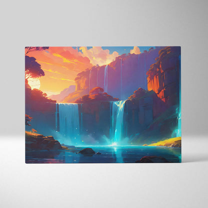 Vibrant sunset waterfall canvas art with turquoise cascades and cliffs