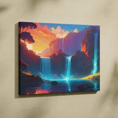Vibrant sunset waterfall canvas art with glowing turquoise cascades and dramatic cliffs