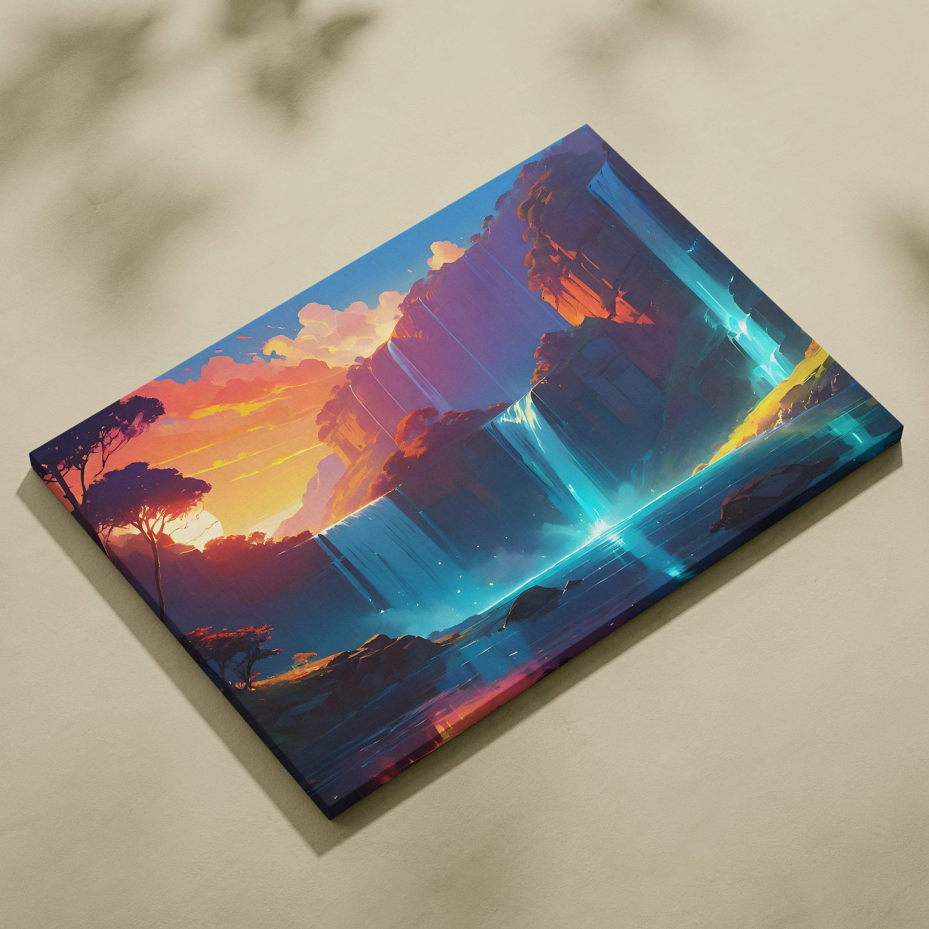 Vibrant sunset waterfall canvas art with glowing turquoise cascades and dramatic cliffs