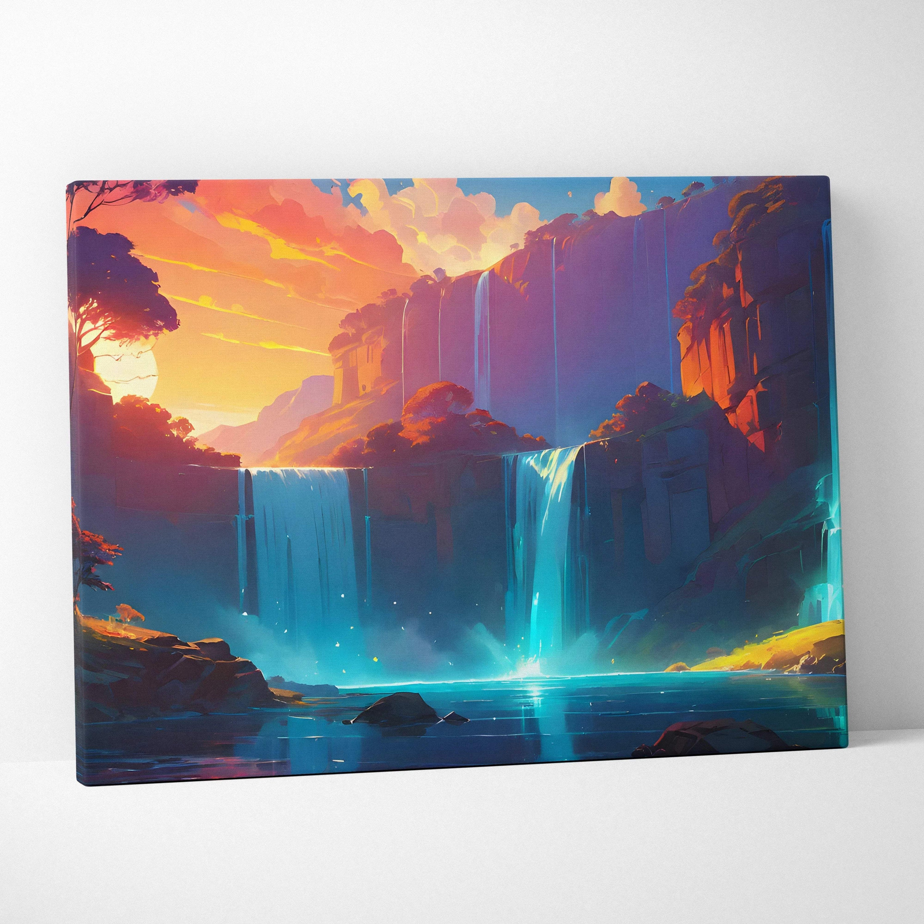 Vibrant sunset waterfall canvas art with turquoise cascades and dramatic cliffs