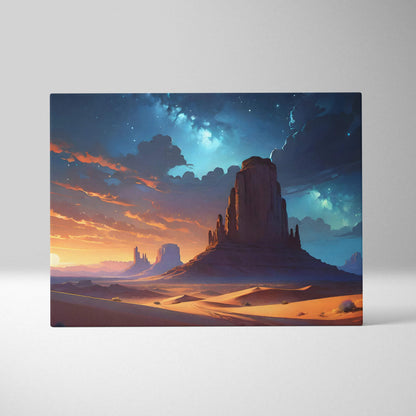 Majestic desert rock formations at sunset under starry sky canvas print
