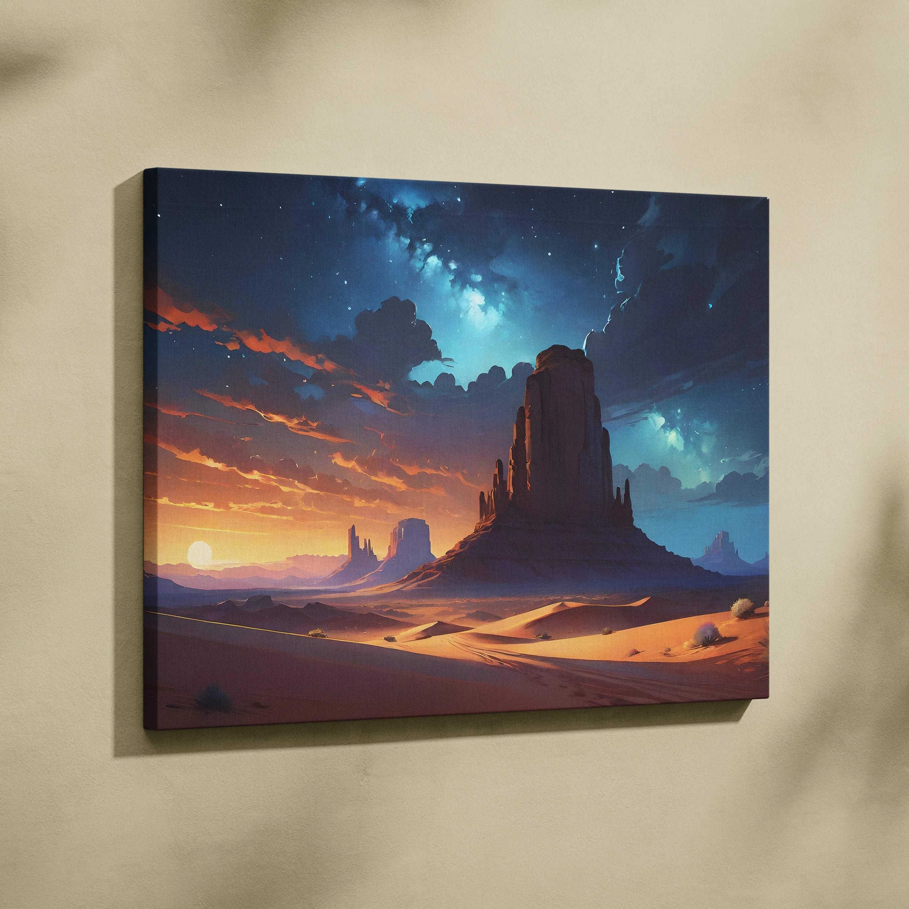 Majestic desert rock formations at sunset under starry sky canvas wall art