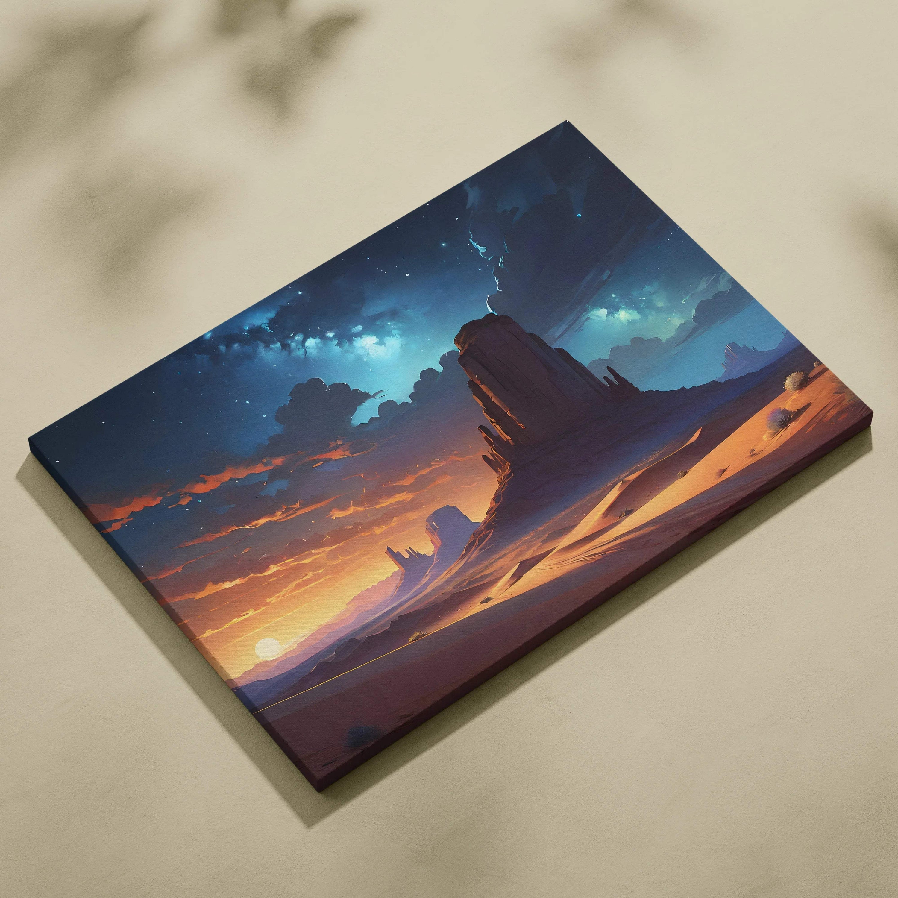 Majestic desert rock formations at sunset under stormy starry sky canvas print