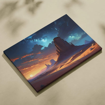 Majestic desert rock formations at sunset under stormy starry sky canvas print