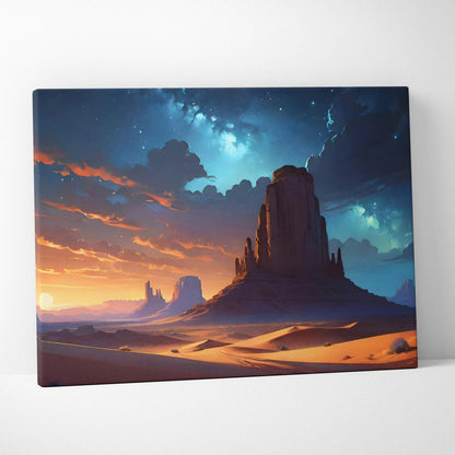 Majestic desert rock formations at sunset under starry sky canvas art