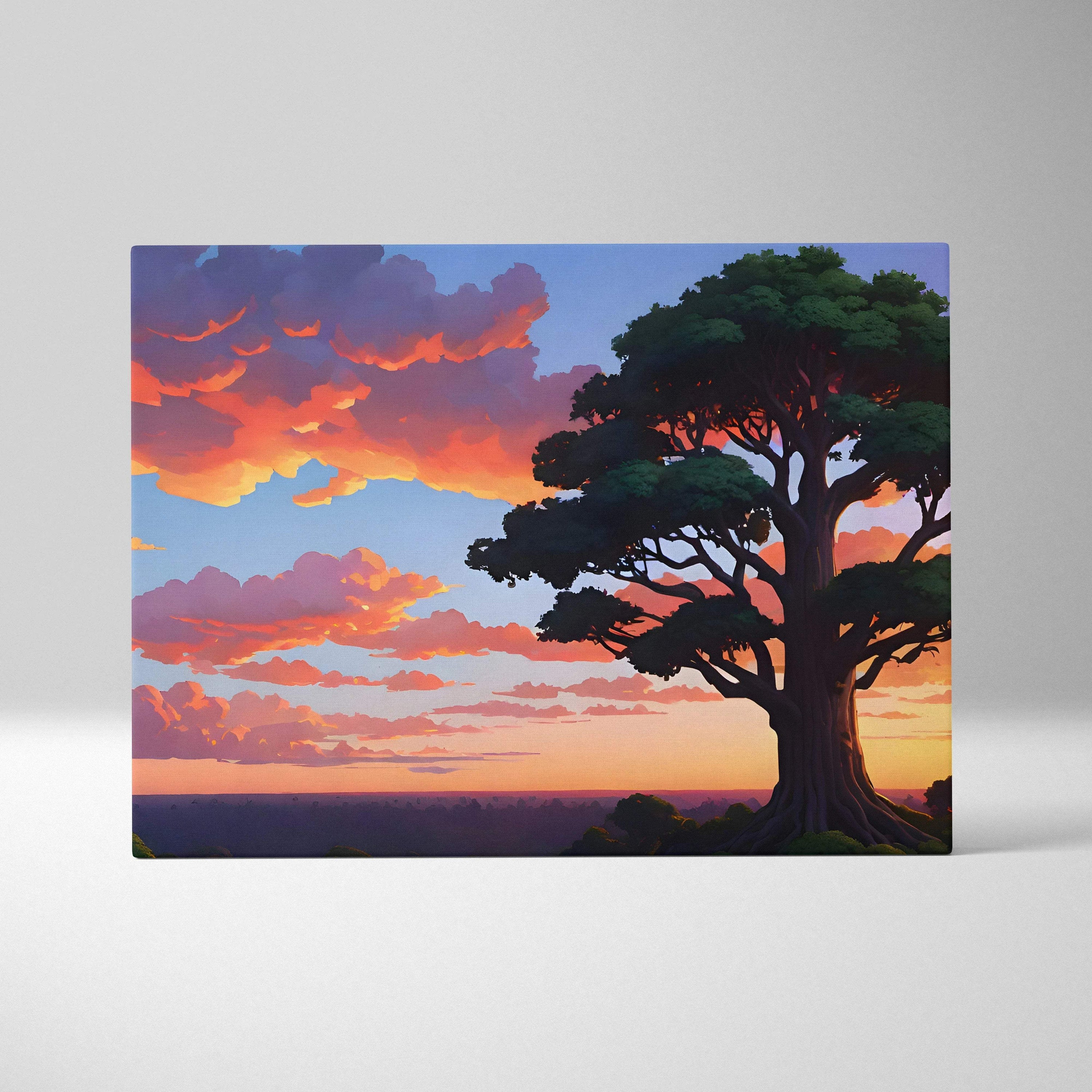 Majestic tree silhouette at sunset canvas wall art with glowing orange clouds