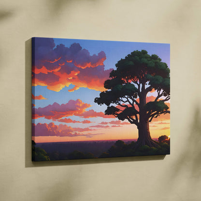Majestic tree silhouette at sunset canvas wall art with glowing orange clouds