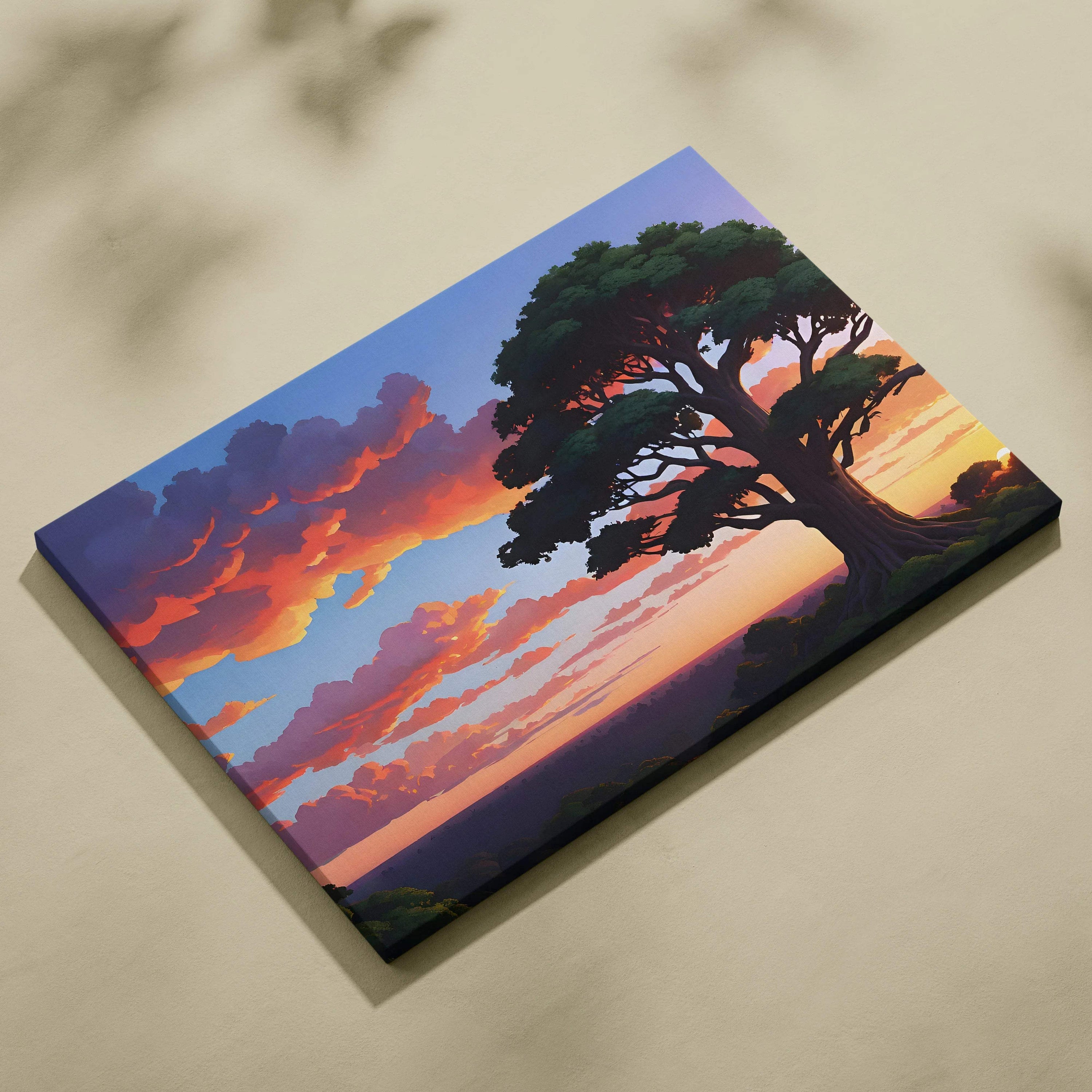 Majestic tree silhouette at sunset canvas wall art with glowing orange clouds