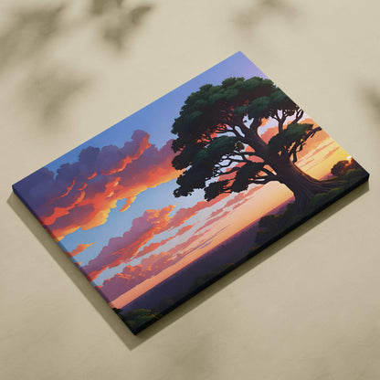 Majestic tree silhouette at sunset canvas wall art with glowing orange clouds