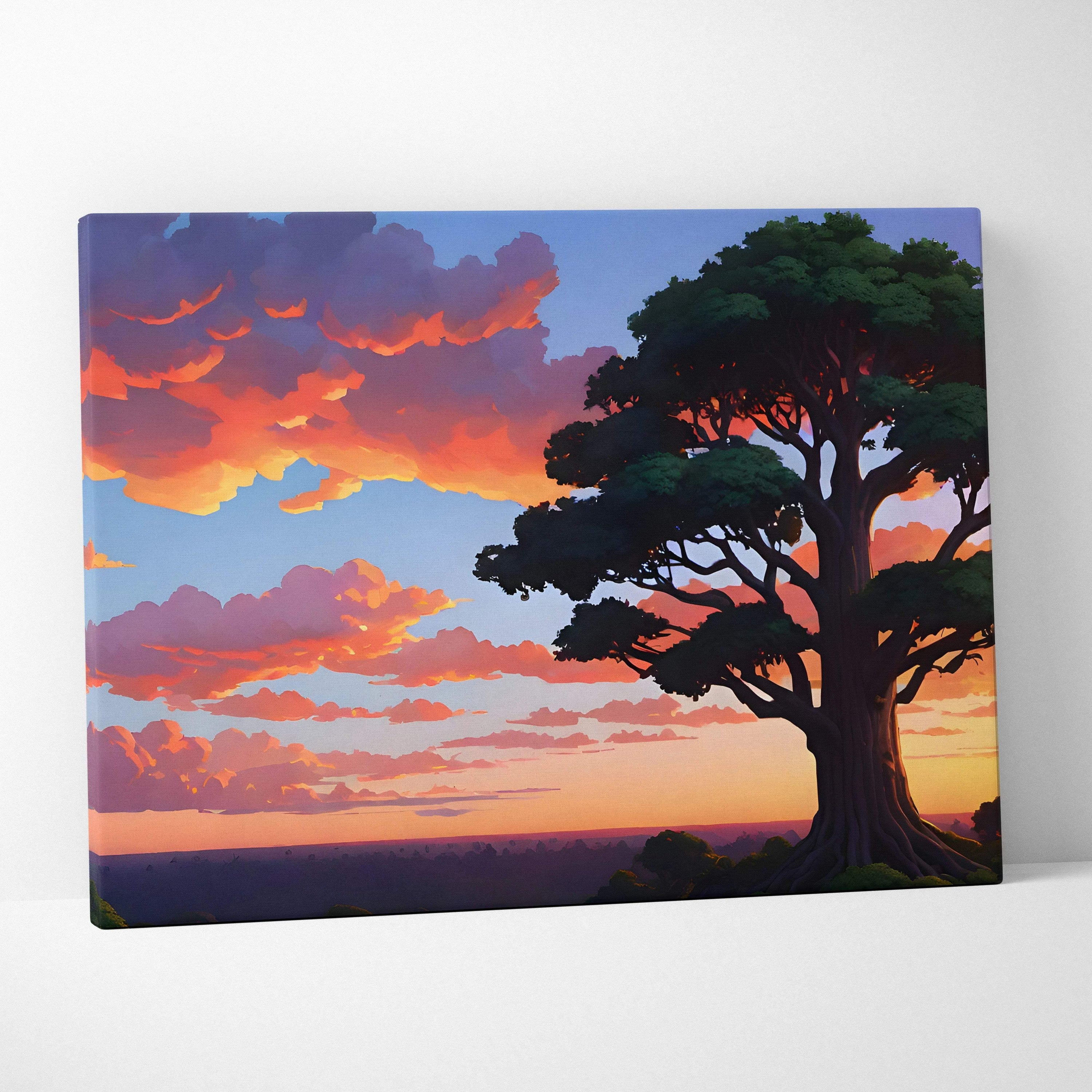 Majestic tree silhouette at sunset canvas wall art with glowing orange clouds