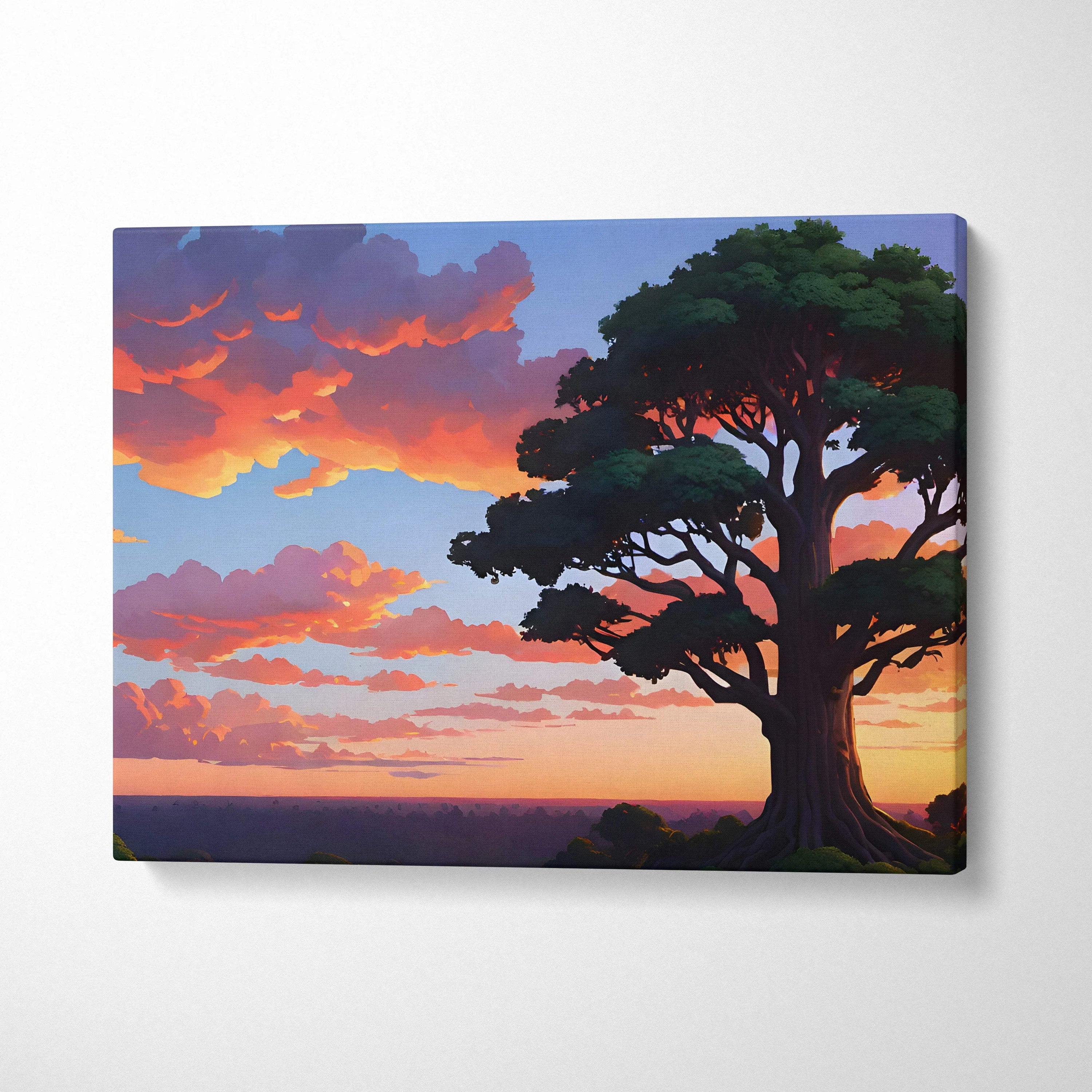 Majestic tree silhouette at sunset canvas wall art with glowing orange clouds