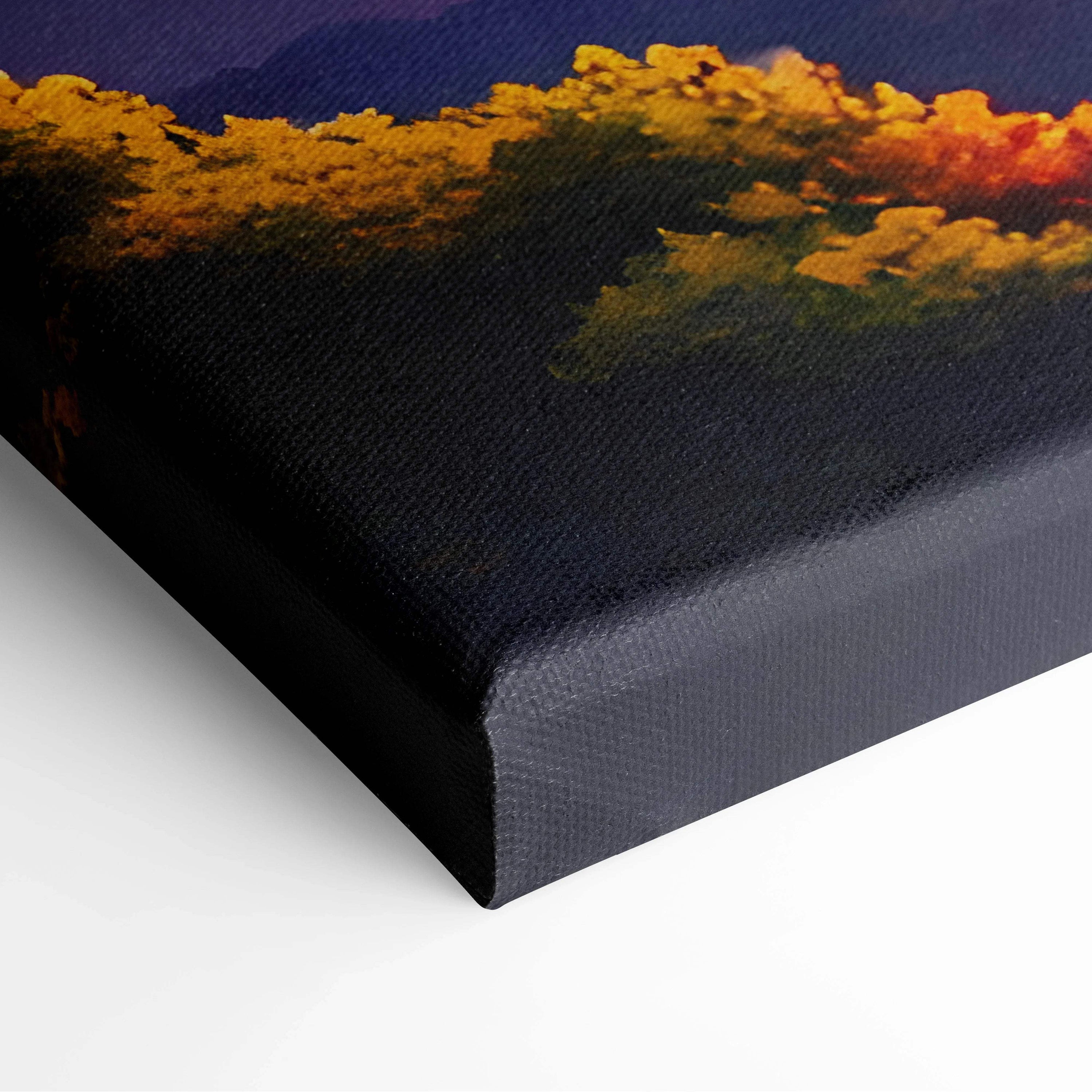 Whimsical treehouse sunset dreamy pixel landscape canvas in orange blue sky on black frame