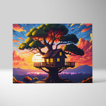 Whimsical treehouse sunset dreamy pixel landscape canvas wall art