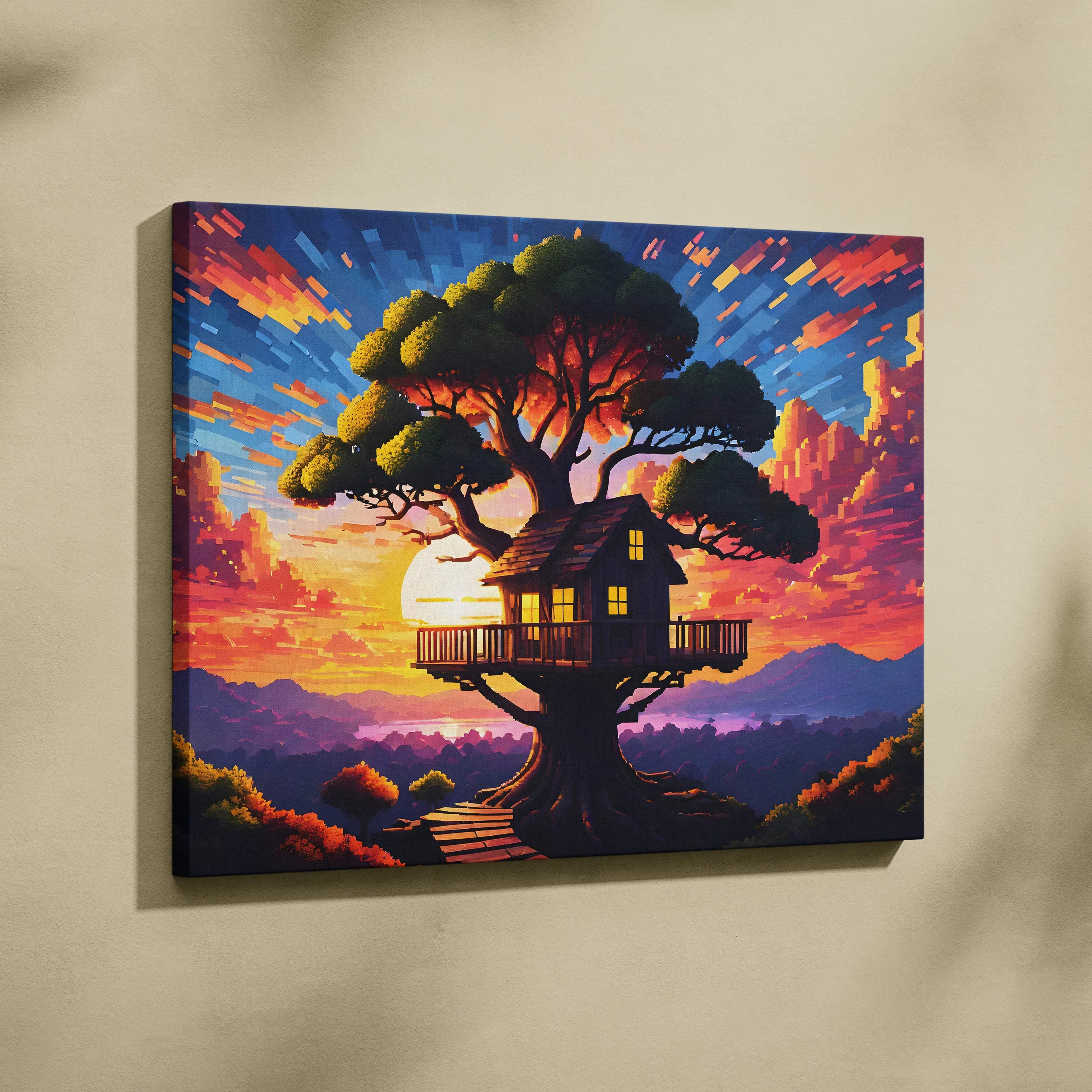 Whimsical treehouse sunset dreamy pixel landscape canvas wall art