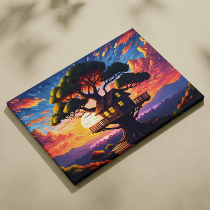 Whimsical treehouse sunset dreamy pixel landscape vibrant orange blue canvas art