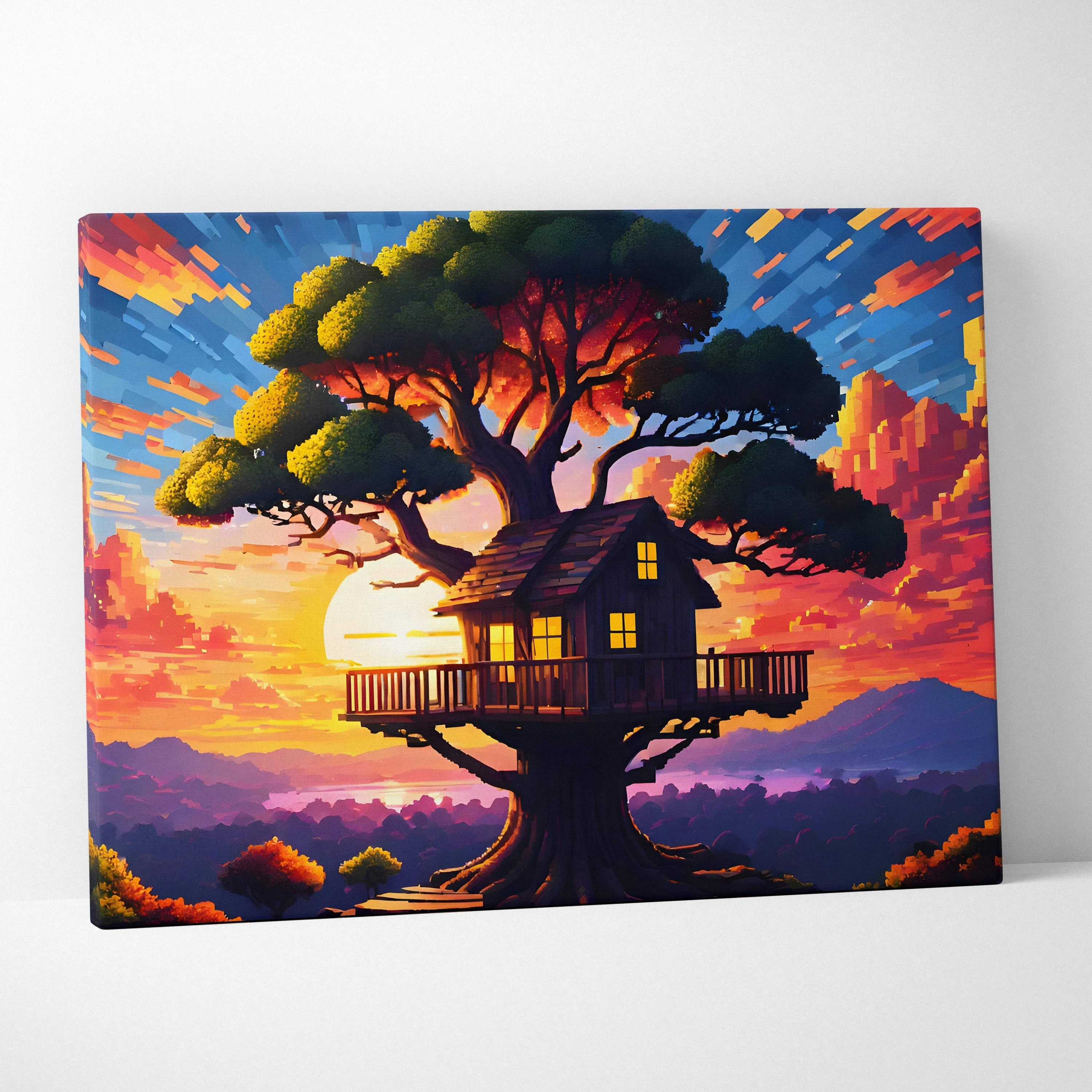 Vibrant pixel art treehouse in leafy tree at sunset with orange purple sky canvas