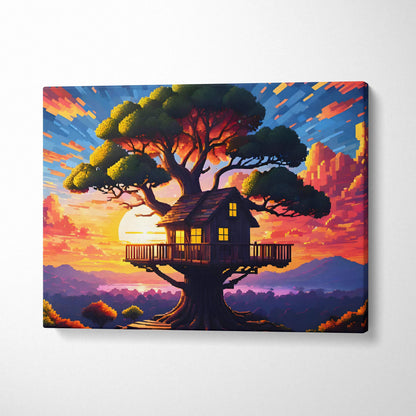 Vibrant pixel art treehouse in leafy tree under orange purple sunset sky canvas