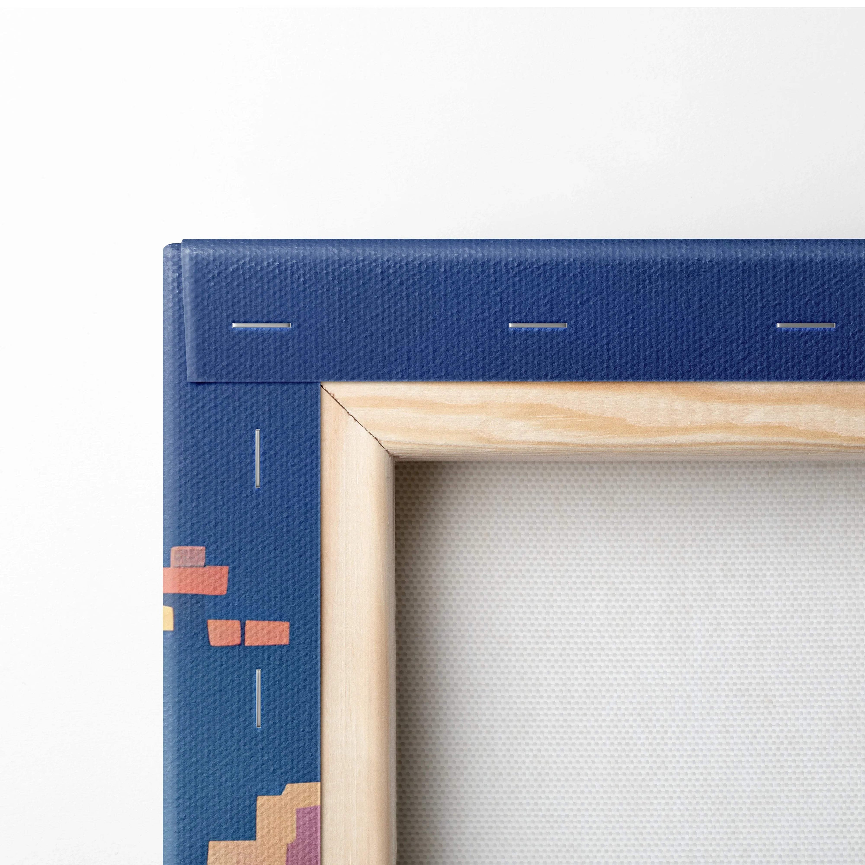 Whimsical pixel art treehouse sunset canvas in orange blue tones on blue textured frame