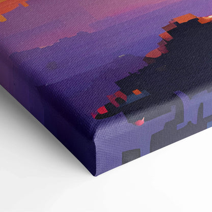 Purple and orange whimsical pixel art treehouse sunset canvas wall art