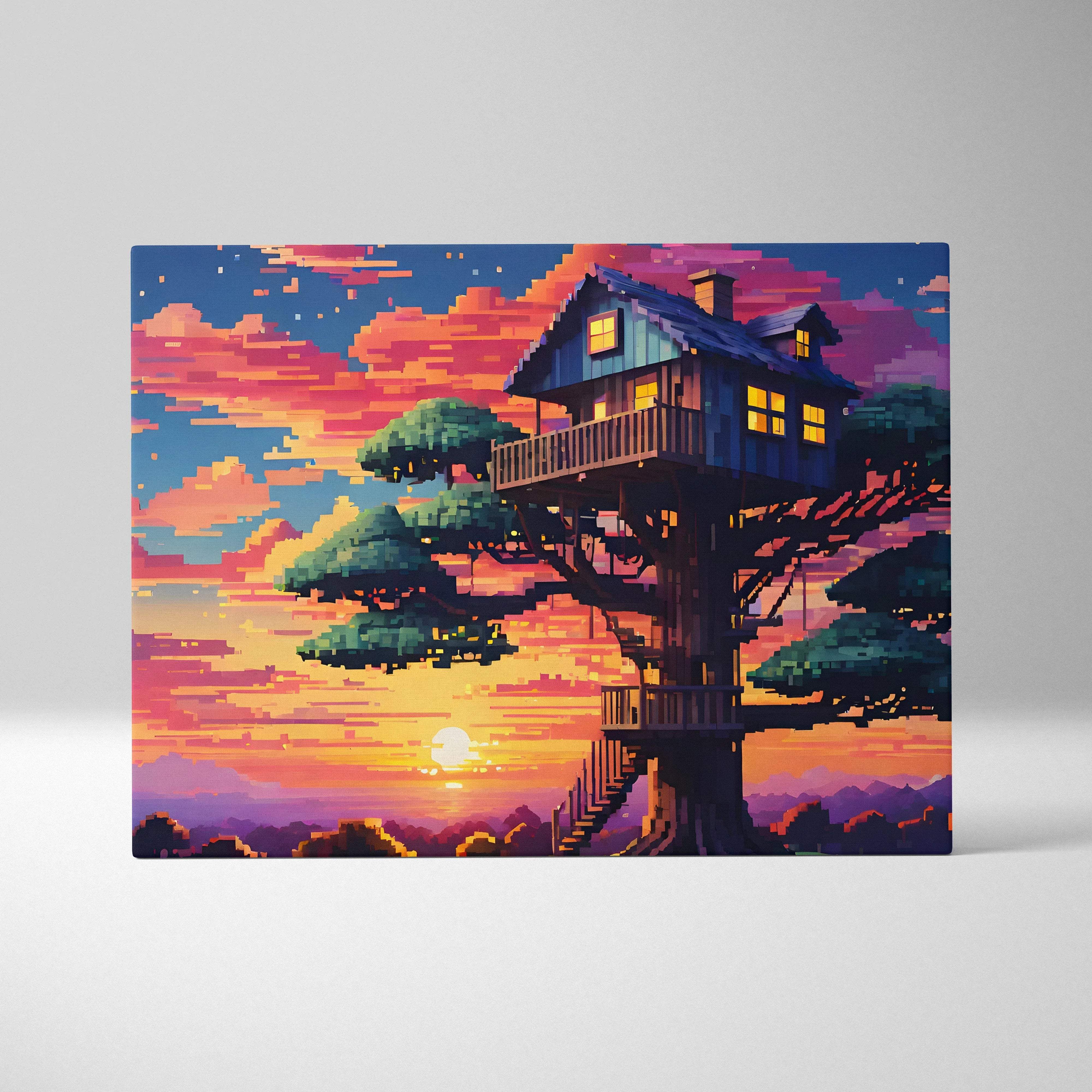 Vibrant pixel art treehouse at sunset canvas wall art in orange blue tones