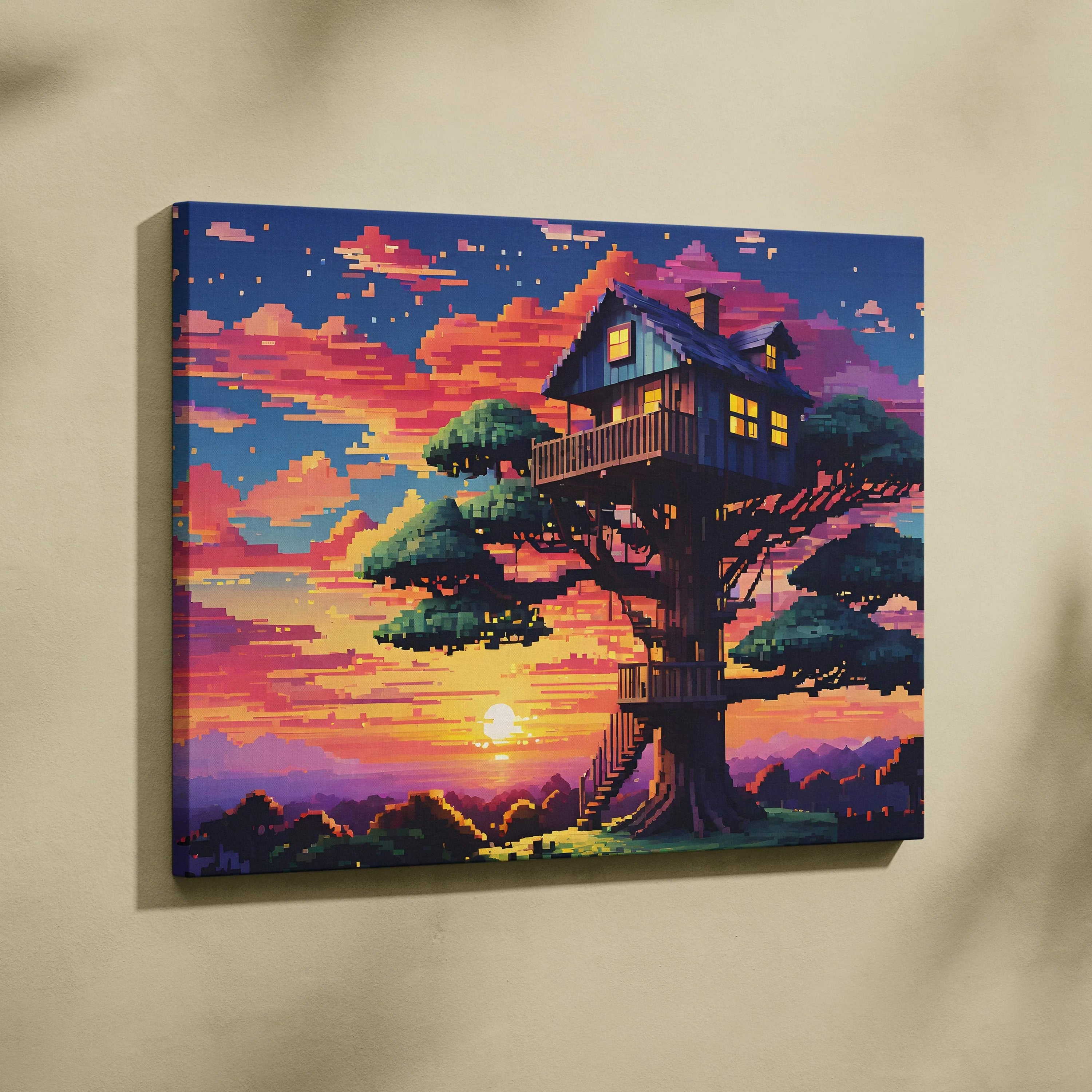 Whimsical pixel art treehouse at sunset canvas wall art
