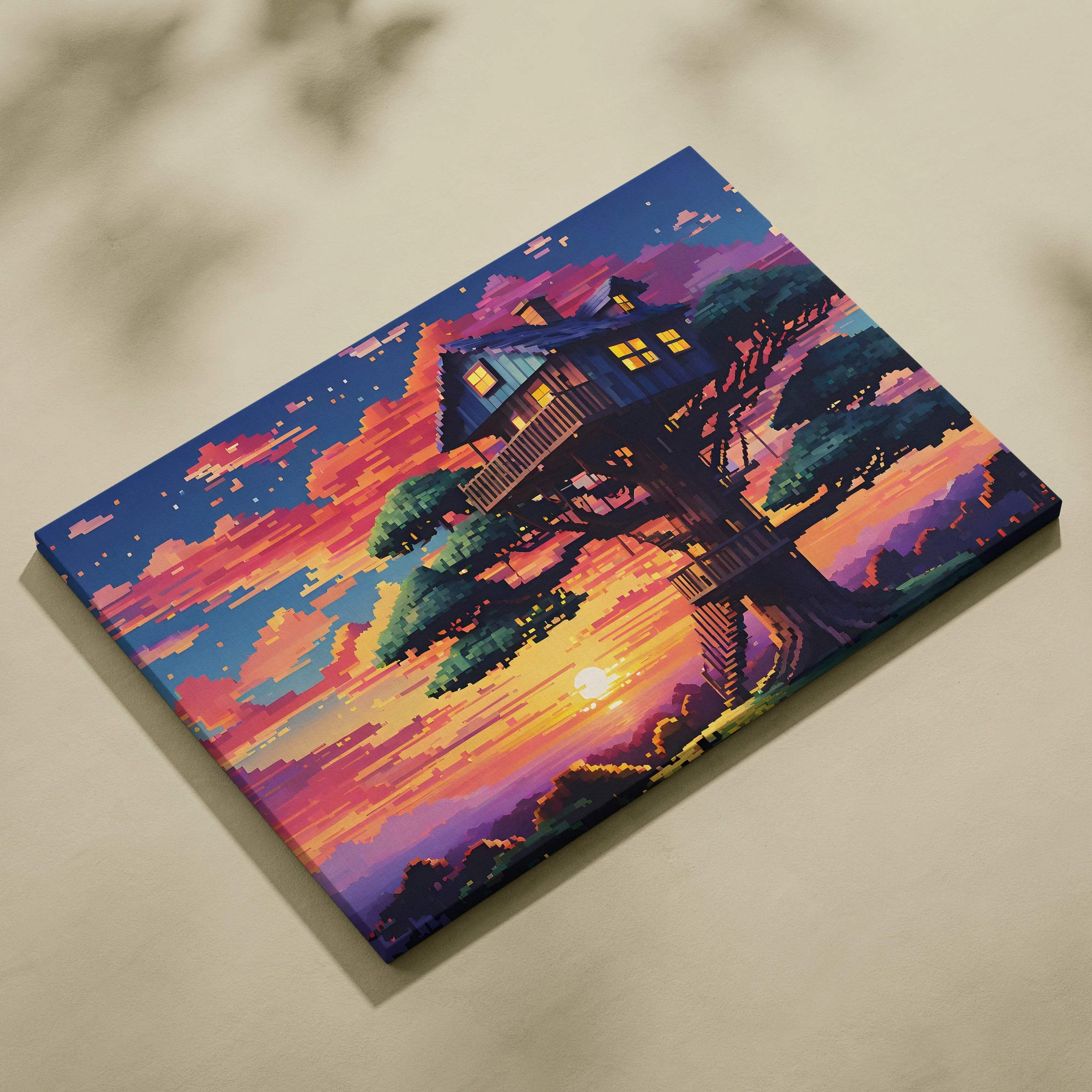 Whimsical pixel art treehouse at sunset canvas wall art in bold orange and blue tones