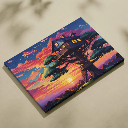 Whimsical pixel art treehouse at sunset canvas wall art in bold orange and blue tones