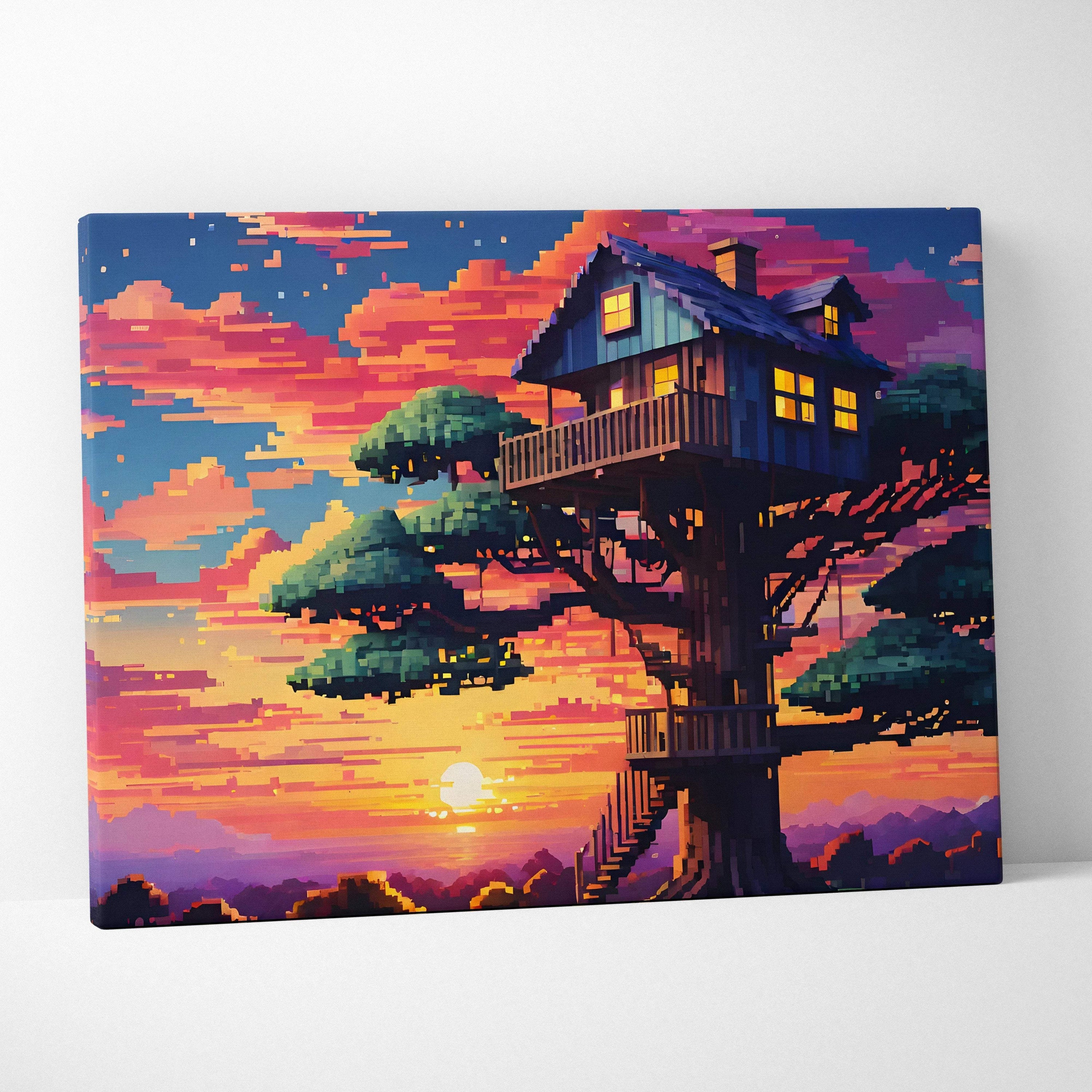 Whimsical pixel art treehouse at sunset canvas wall art in bold orange and blue tones
