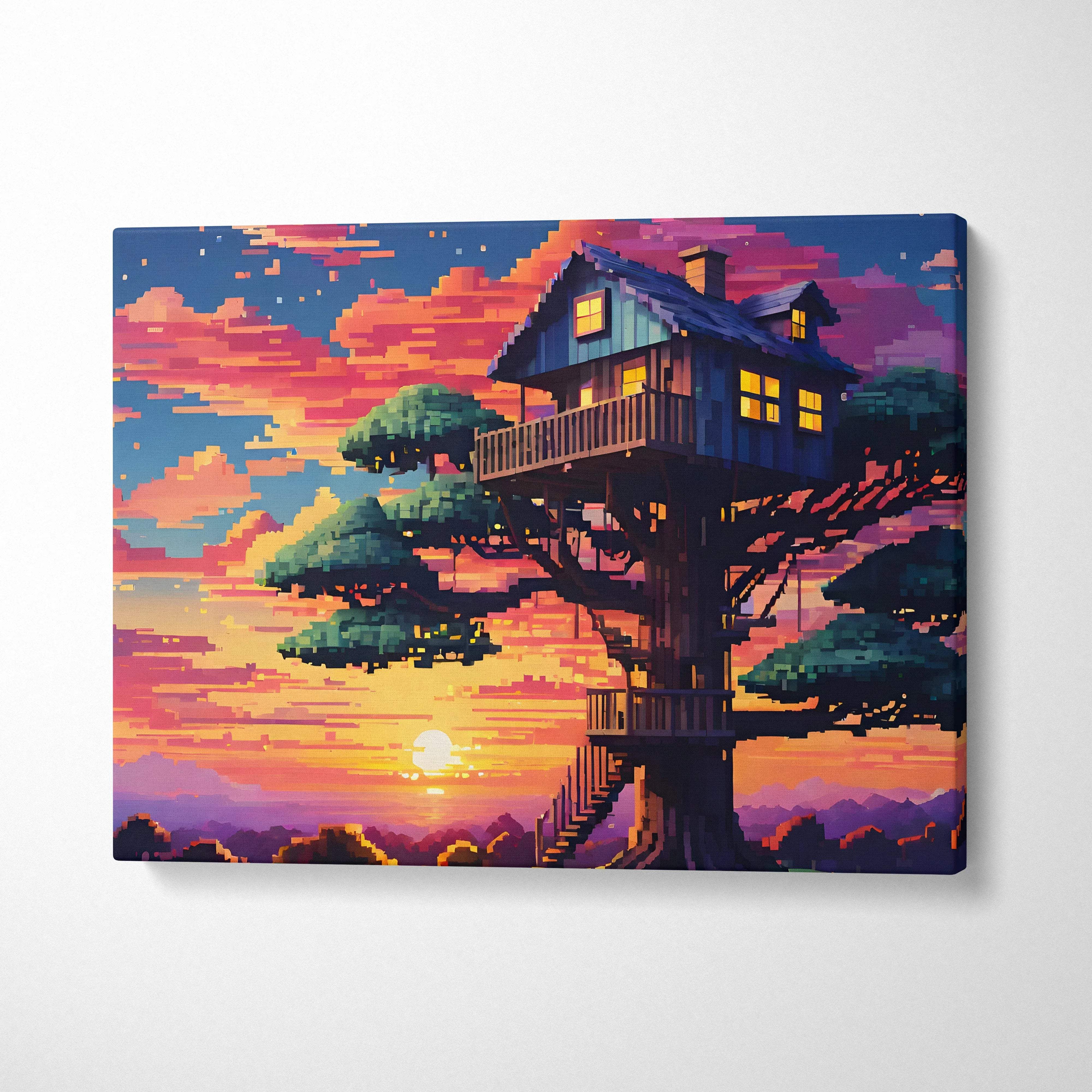 Vibrant pixel art treehouse at sunset canvas wall art in bold orange blue tones