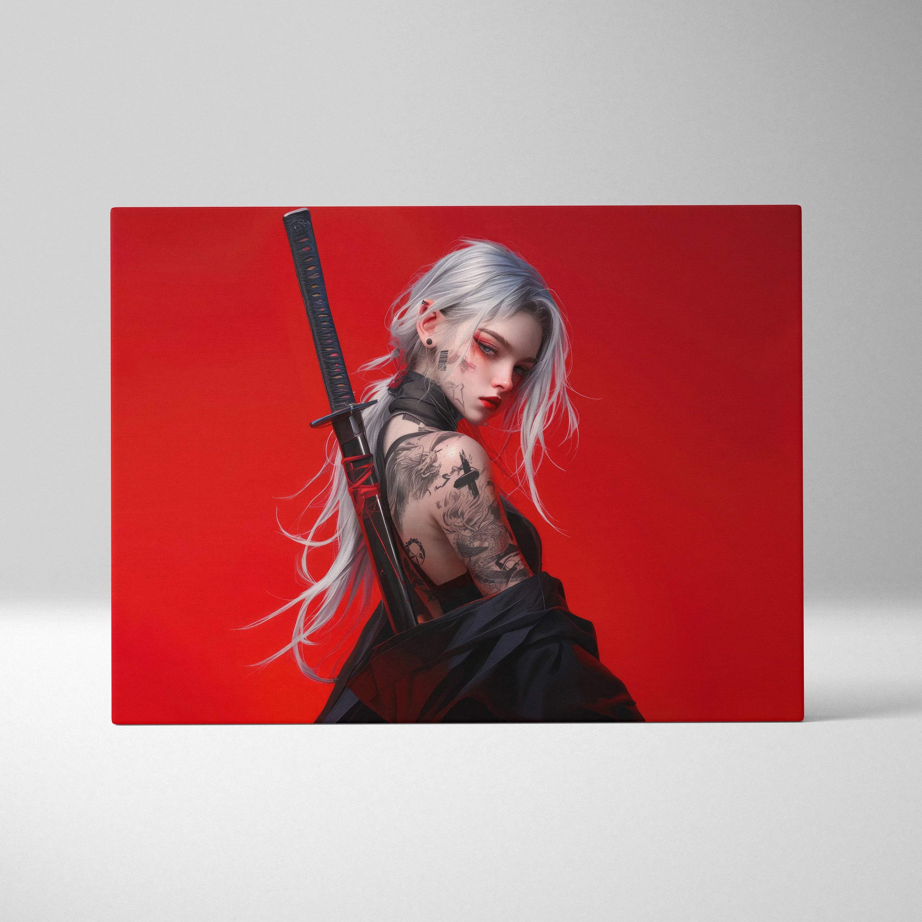 Cyberpunk samurai woman with silver hair, tattoos, black katana on red background