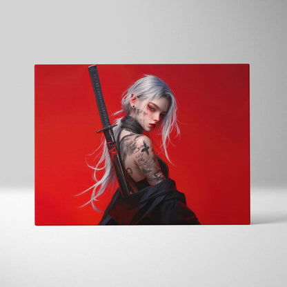 Cyberpunk samurai woman with silver hair, tattoos, black katana on red background
