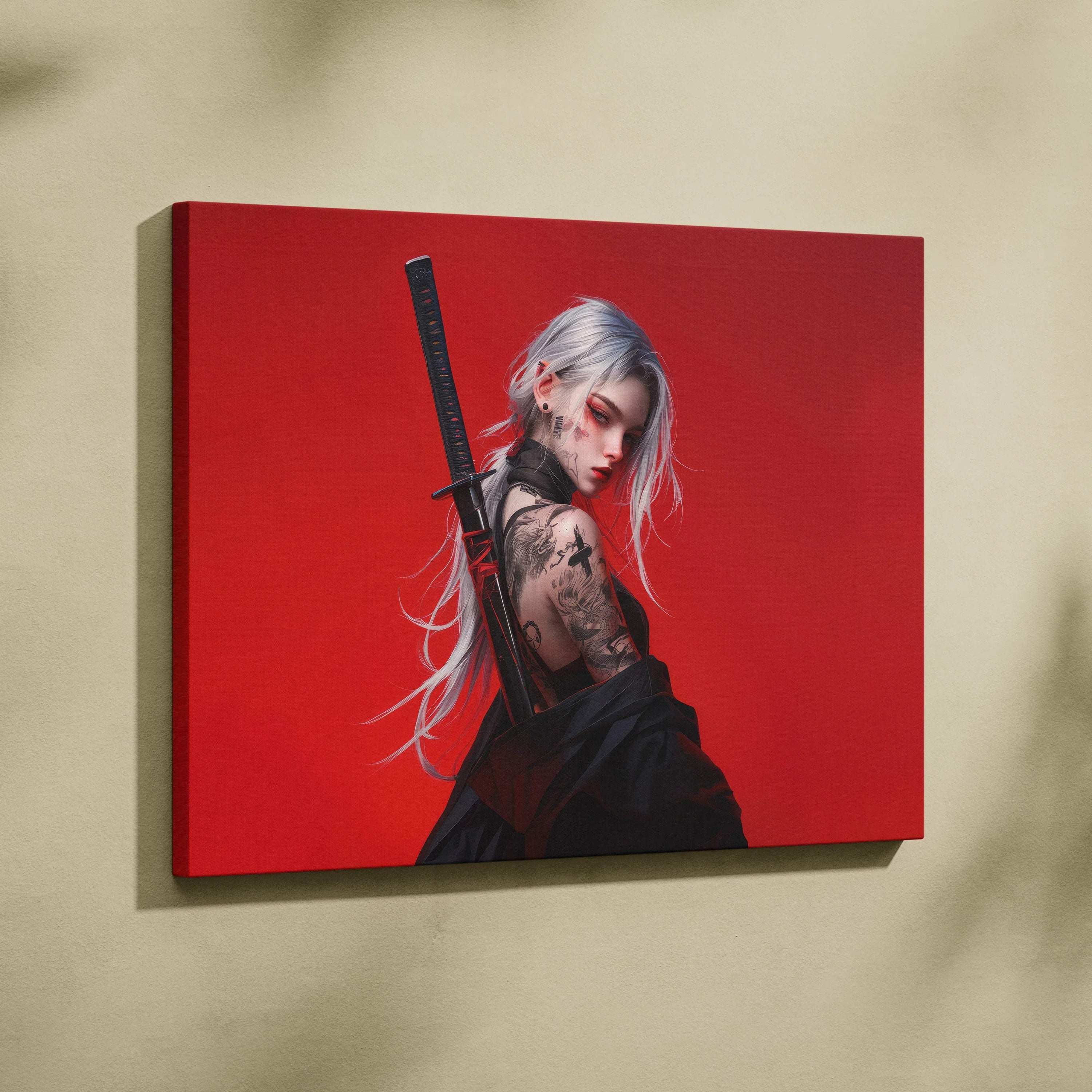 Cyberpunk samurai woman with katana tattoos on bold red canvas print