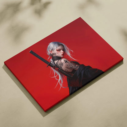 Cyberpunk samurai woman with silver hair tattoos holding black katana on red canvas print