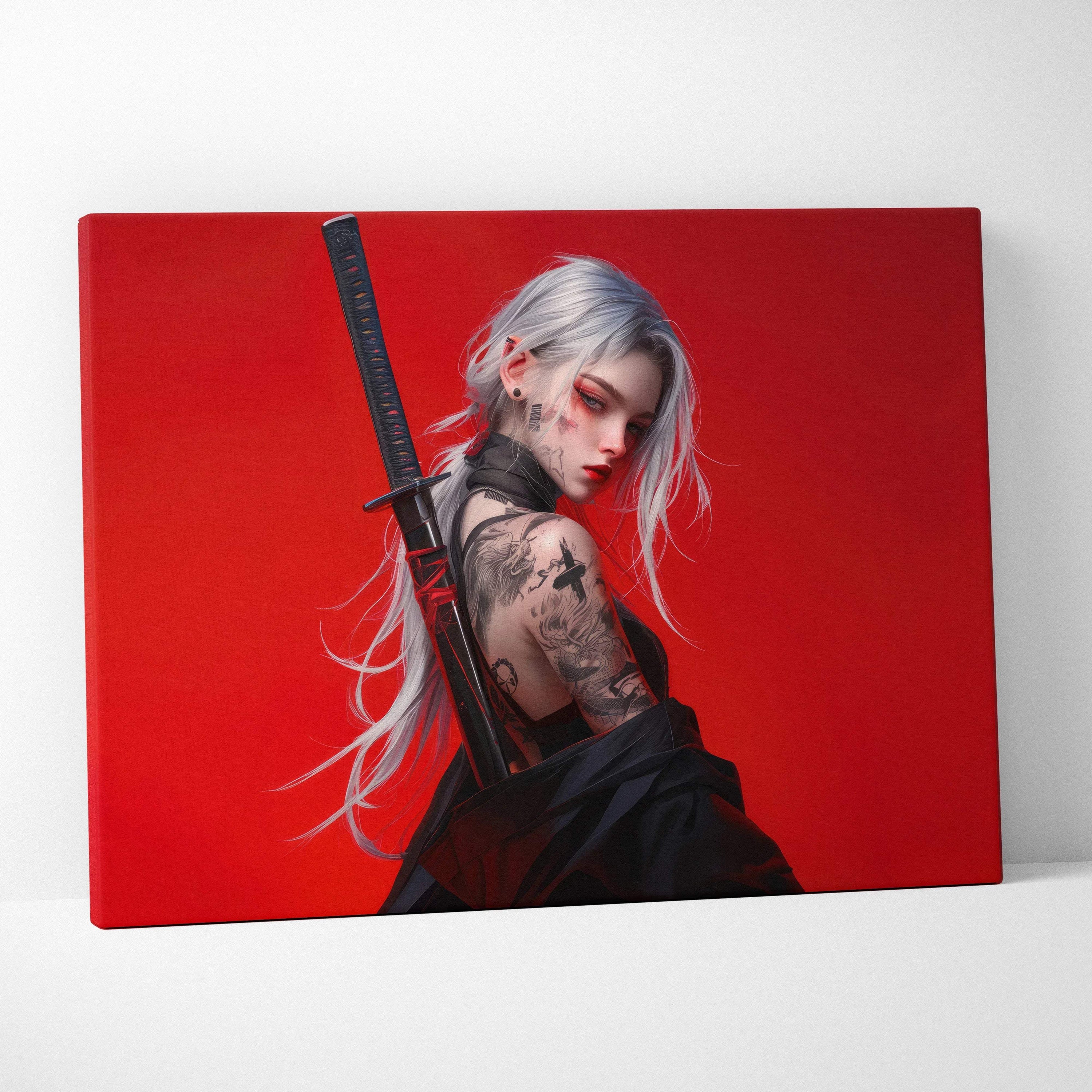 Cyberpunk samurai woman with katana tattoos on bold red canvas print