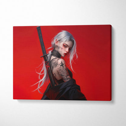 Cyberpunk samurai woman with katana tattoos on bold red canvas print