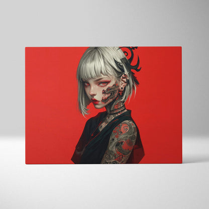 Edgy anime girl with silver bob hair, dragon tattoos on bold red canvas