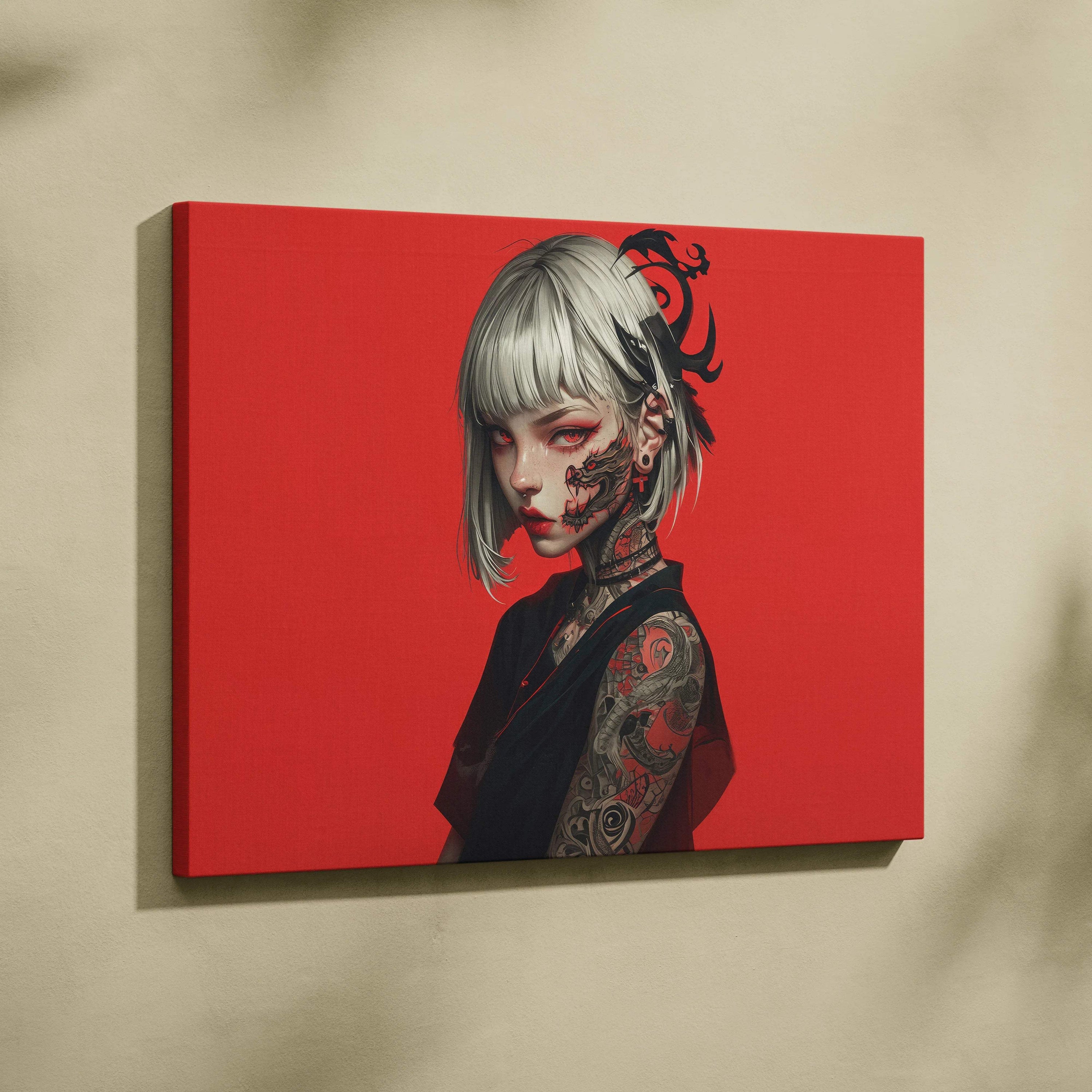 Edgy anime girl with dragon tattoos, silver bob hair on red cyberpunk canvas