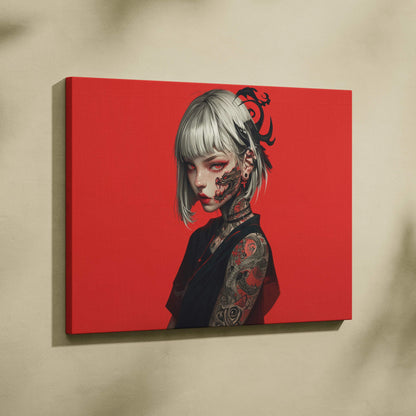 Edgy anime girl with dragon tattoos, silver bob hair on red cyberpunk canvas