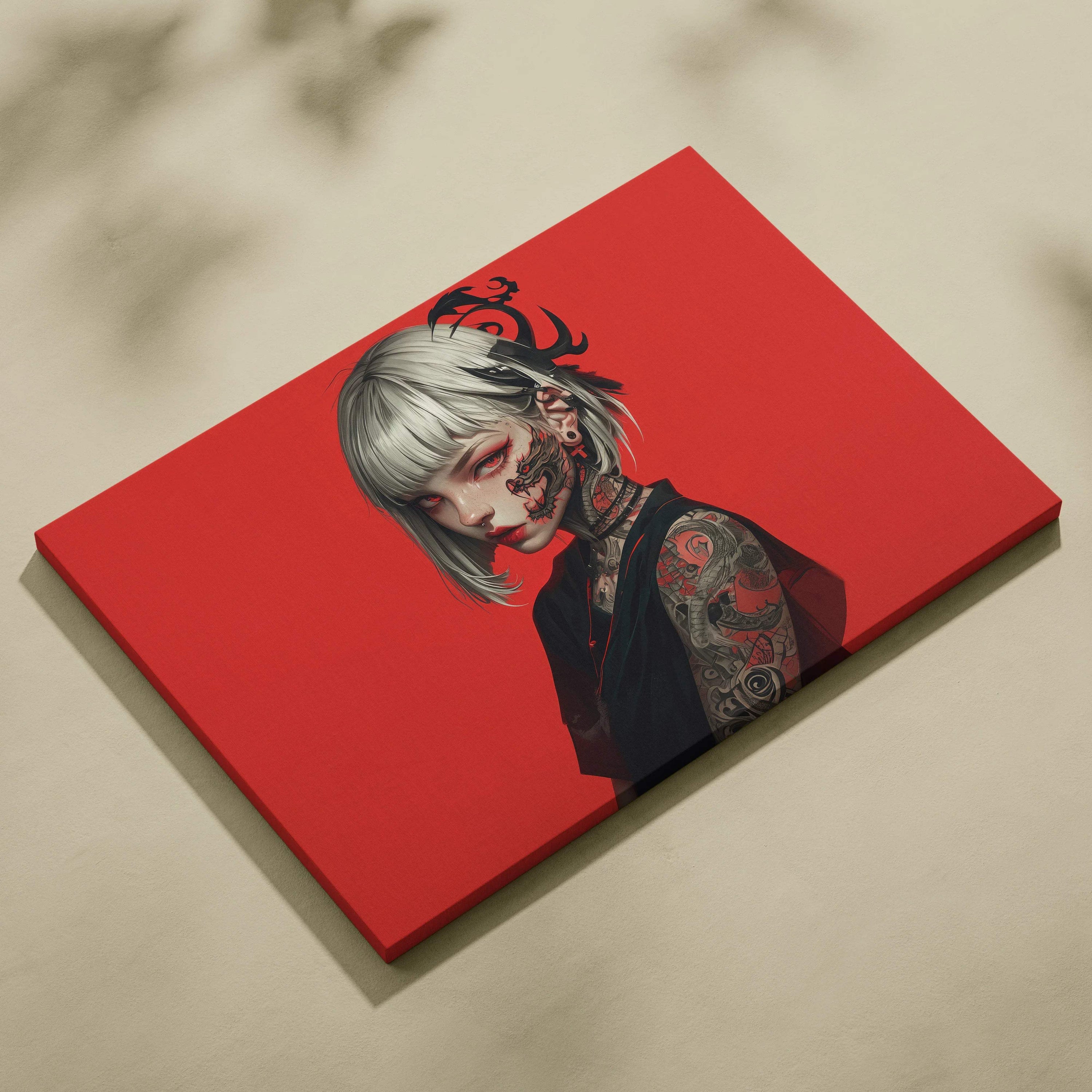 Edgy anime girl with dragon tattoos silver bob hair red cyberpunk canvas print