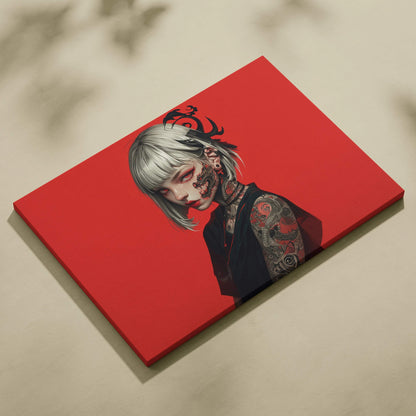 Edgy anime girl with dragon tattoos silver bob hair red cyberpunk canvas print