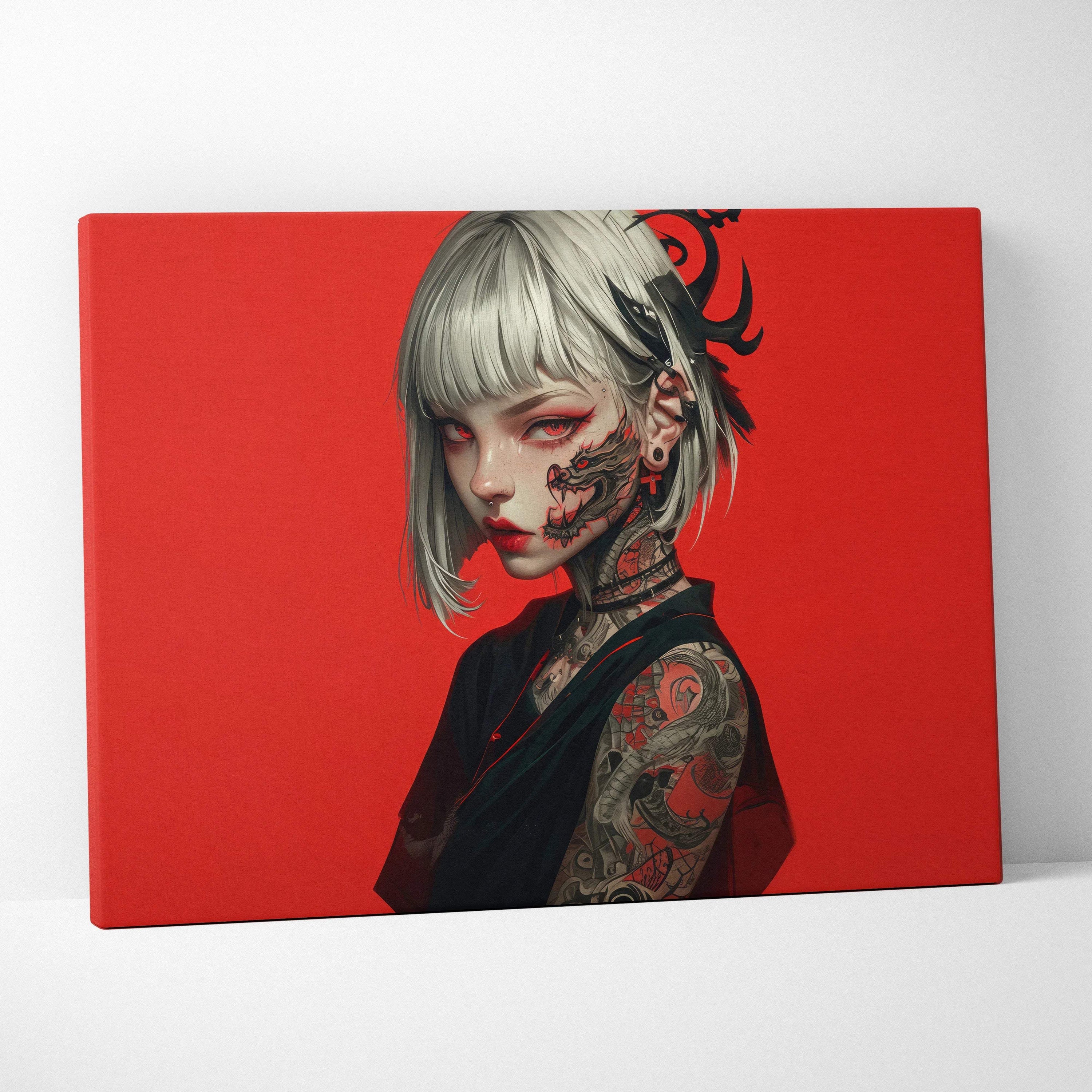 Edgy anime girl with dragon tattoos, silver bob hair on red cyberpunk canvas