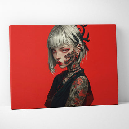 Edgy anime girl with dragon tattoos, silver bob hair on red cyberpunk canvas