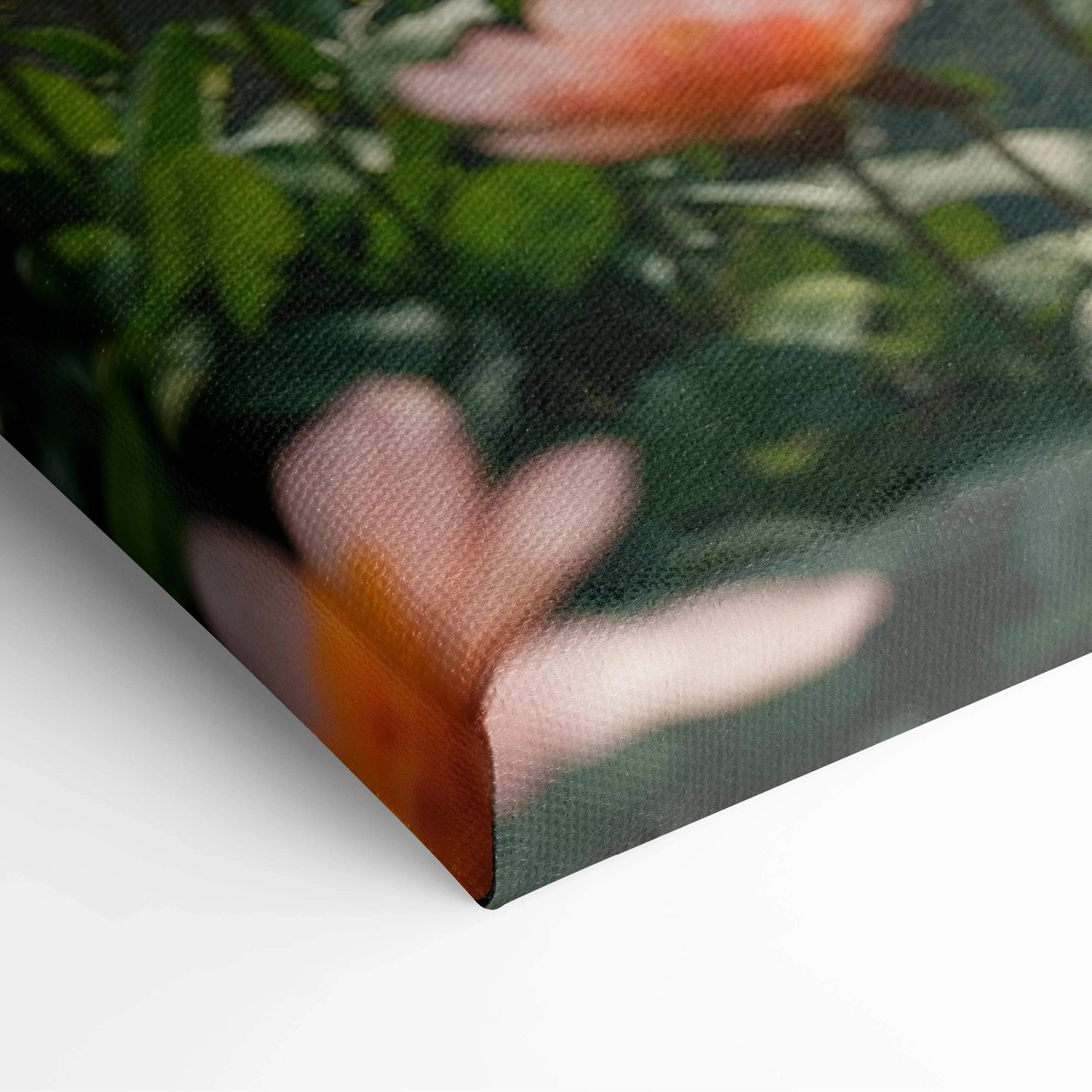 Serene mountain canyon turquoise river with pink flower blossoms canvas art