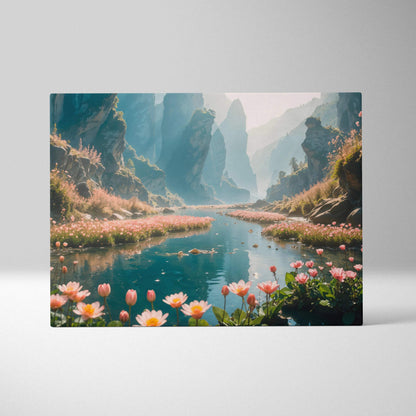Serene mountain canyon turquoise river with pink flowers canvas wall art