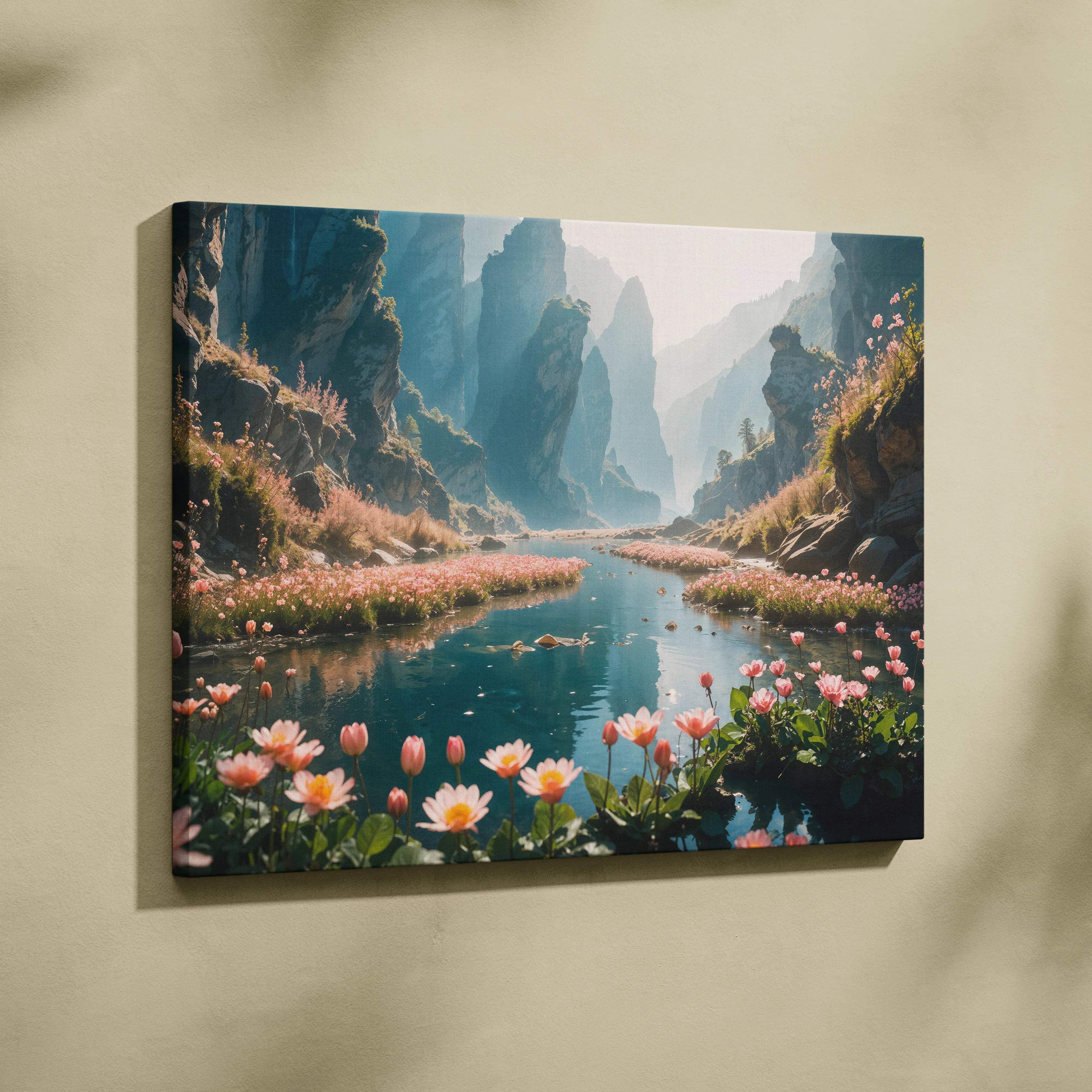 Serene mountain canyon turquoise river with pink water lilies canvas print