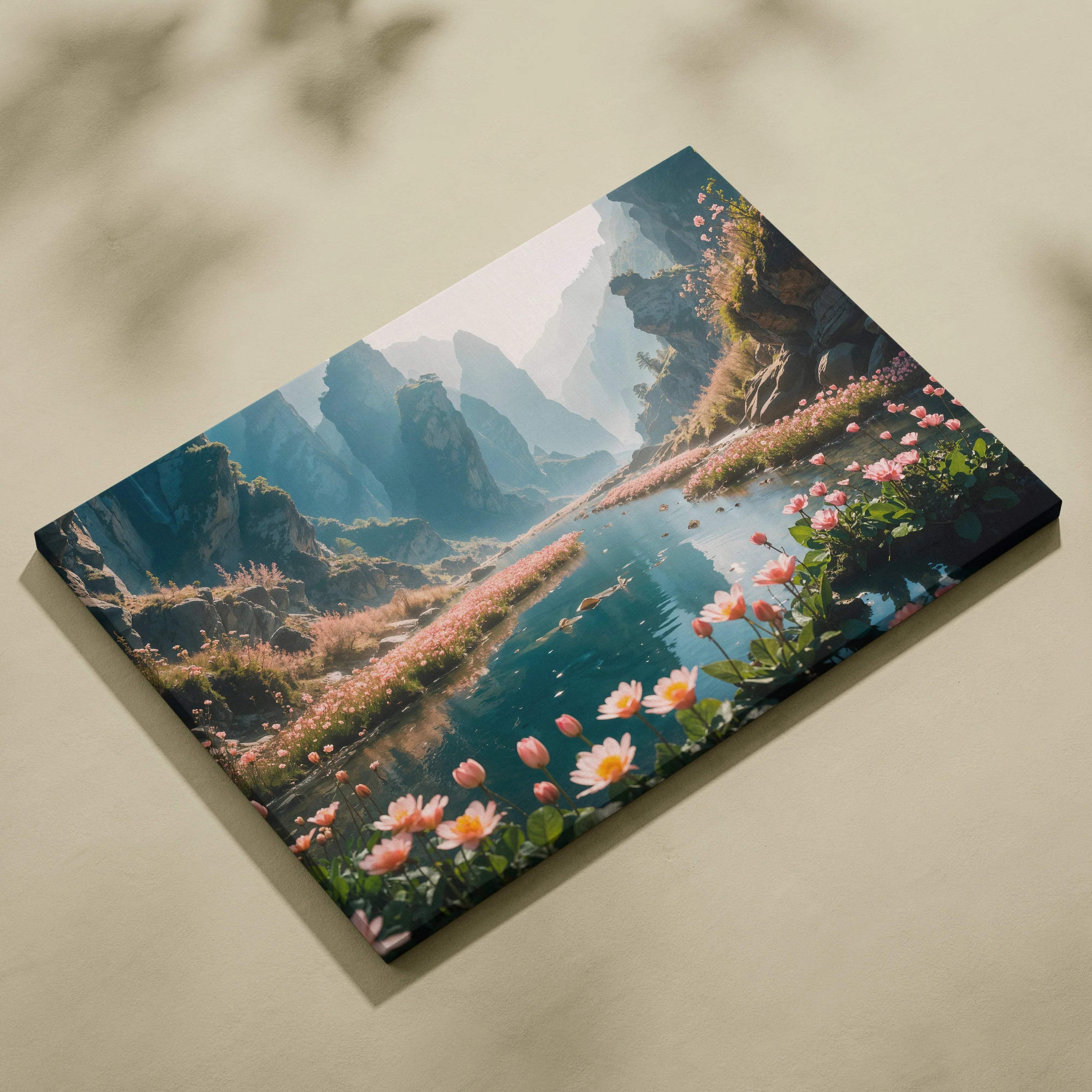 Serene mountain canyon turquoise river with pink flowers canvas print