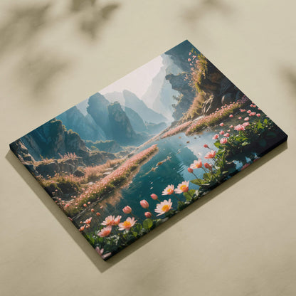Serene mountain canyon turquoise river with pink flowers canvas print