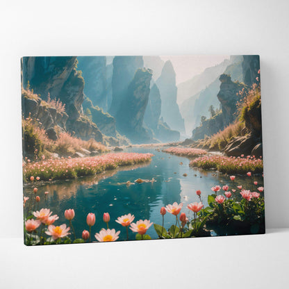 Serene mountain canyon turquoise river with pink flowers canvas art