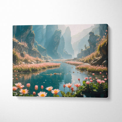 Serene mountain canyon turquoise river with pink flowers canvas wall art