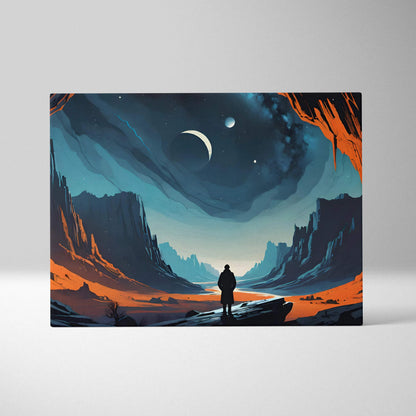 Cinematic surreal lone figure in cosmic canyon canvas wall art